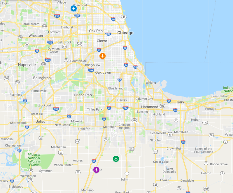 O'Hare (blue), Midway (orange), Peotone (purple), and the new proposed airport site in Monee (green.) Image: Google Maps