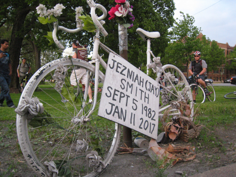 The ghost bike for Jezniah Smith, who was fatally struck at Division and Humboldt in 2017. A cyclist who was killed in March of this year on 87th near the Dan Ryan has not yet been identified. Photo: Chicago Ride of Silence
