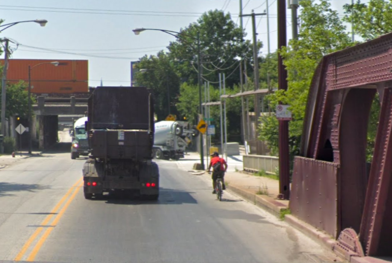 Sharing the road with trucks on the California Avenue bridge over the Sanitary and Ship Canal. Image: Google Maps