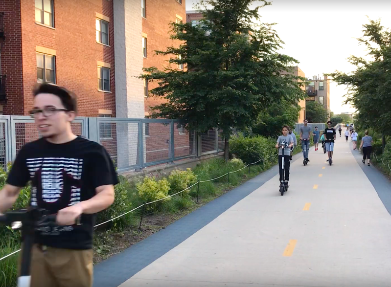 A group of scooter riders on the Bloomingdale Trail, unwittingly breaking the little-known rule against scooting on The 606. Image: John Greenfield