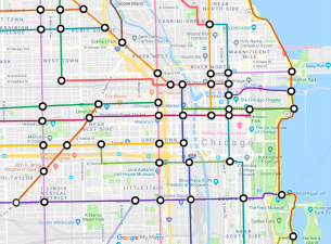 The downtown portion of the map. The "stations" are locations where routes intersection. Click on the lines in the map below for route names; click on the stations for the station names. Image: Google Maps