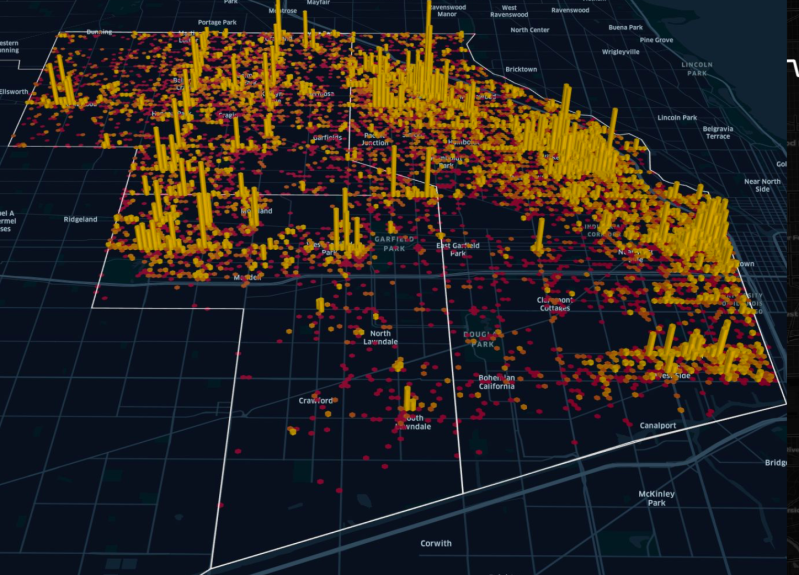 A map of Lime scooter trip start locations within the pilot area. Higher bars mean more trips. Yes, Milwaukee Avenue is a hotspot. Image: Lime