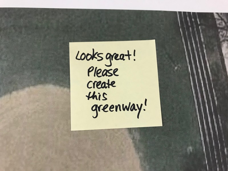 A Post-It note placed on the Leland corridor map on display at the meeting.