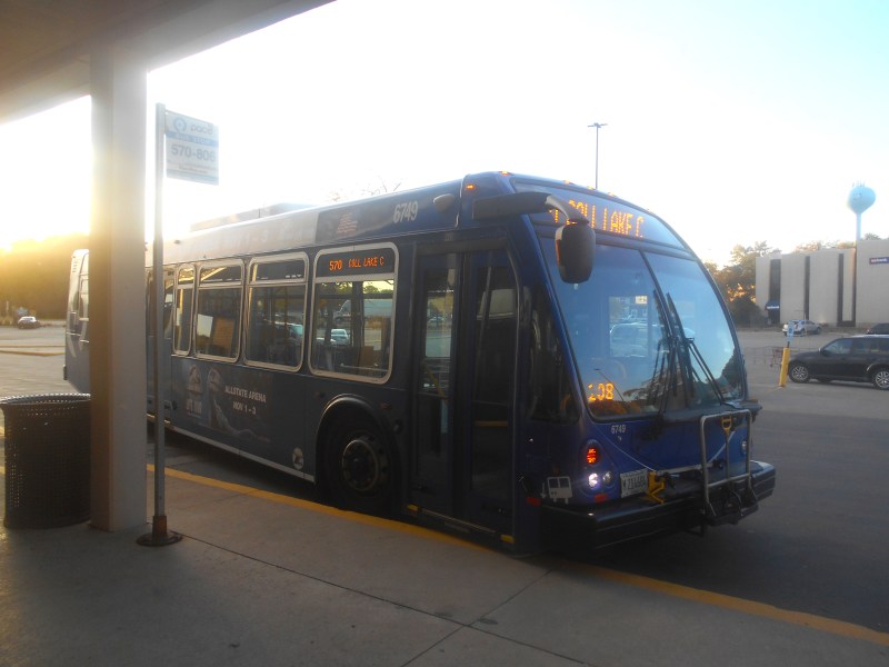 Route 570 bus at Fox Lake's Lakeside Plaza, the transfer point with Route 806. Route 806 would be eliminated under the proposed 2020 Pace budget, while Route 570 would lose Saturday service. Photo: Igor Studenkov