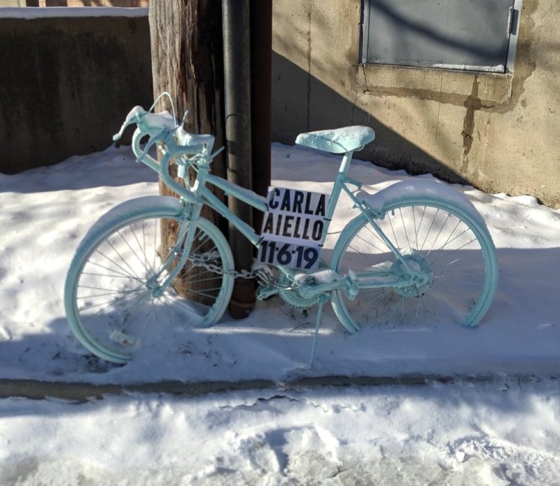A "ghost bike" memorial recently installed at the crash site. The cycle is painted light green, the same color as Aiello's road bike. Photo: Joe Sislow
