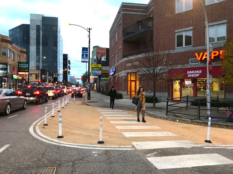 The giant sidewalk extension at the southwest corner of Milwaukee and Belden. Photo: John Greenfield