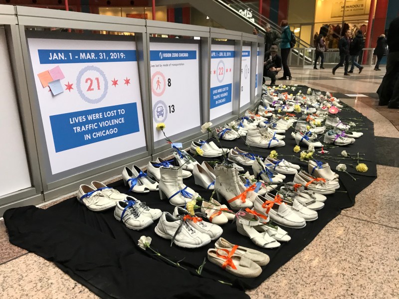 77 pairs of shoes at the Thompson Center commemorated this year's deadly crash victims. Photo: John Greenfield