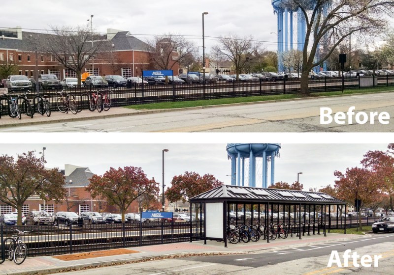 Mount Prospect participated in the Access to Transit program in 2016. Improvements included new shelters and pads to accommodate 60 new covered bike parking spaces. Image: RTA