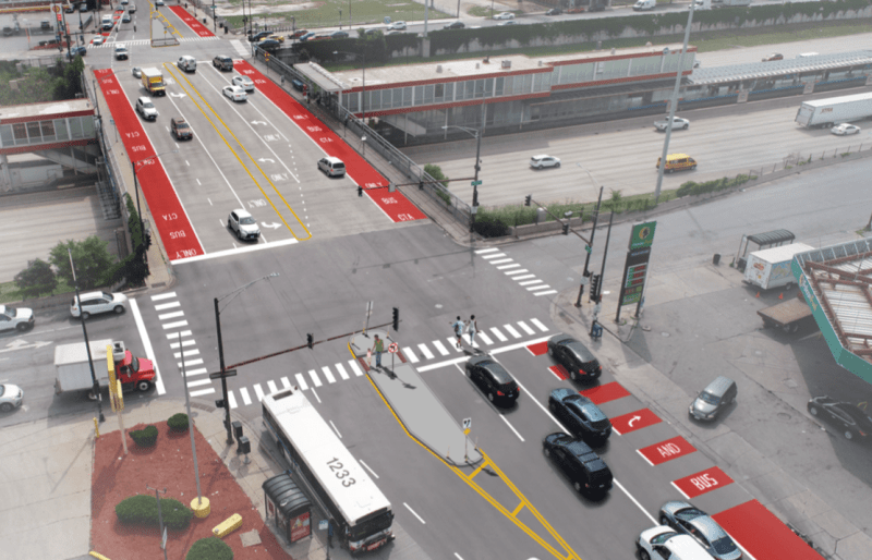 Rendering of a short stretch of bus lanes planned near the 79th Street Red Line station as part of the Bus Priority Zones program.