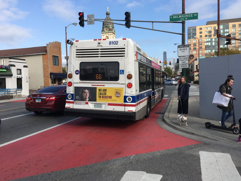 A new stretch of bus lane on Chicago Avenue at Ogden photographed earlier this fall. Photo: CDOT