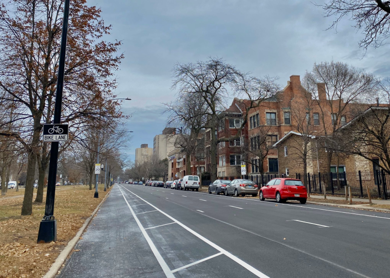 Bike lanes have been restriped on Drexel in the previous, bike-friendly configuration. Photo: Steve Quispe