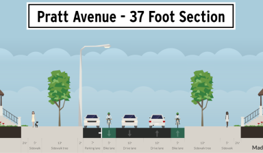 The likely layout of the Pratt bike lanes, looking east. Image: Village of Lincolnwood