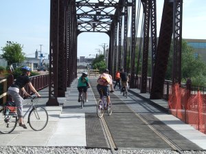 Chicago's Cherry Avenue Bridge serves bicycles and trains. Photo: Steven Vance
