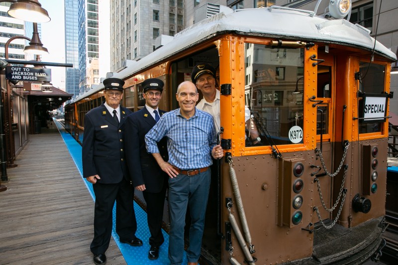 Baer with a vintage 4000 Series train and its volunteer crew. Photo: WTTW
