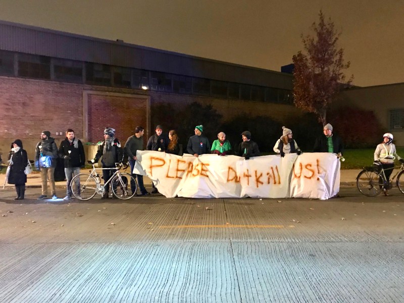 "Human protected bike lane" at the Carla Aiello crash site. Photo: John Greenfield