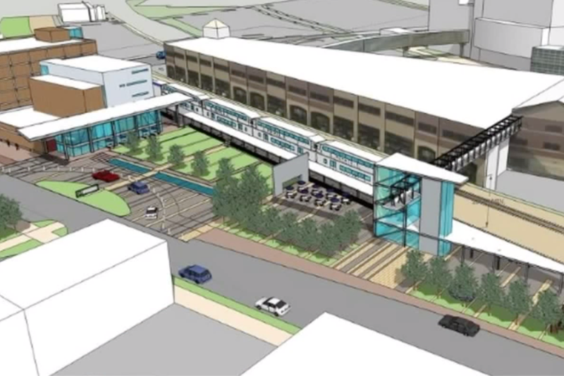 Rendering of the Quad Cities Amtrak station in Moline, Illinois, including a skyway to a Quad Cities MetroLINK bus facility.