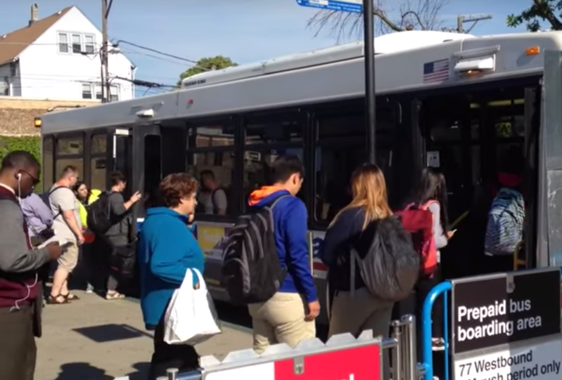 Prepaid boarding pilot at the Belmont Blue Line station in 2016. Image: John Greenfield