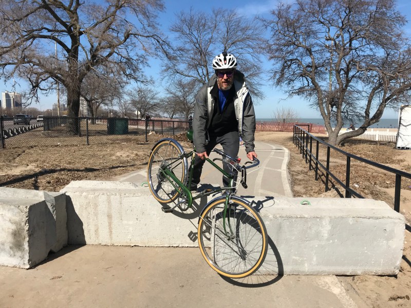 Concrete barriers blocking the trail near North Avenue. Photo: John Greenfield