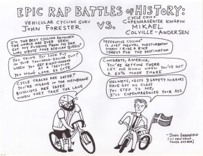 An oldie but a goodie: Bike lane hater John Forester takes on cycle track proponent Mikael Colville-Andersen in a rap battle.