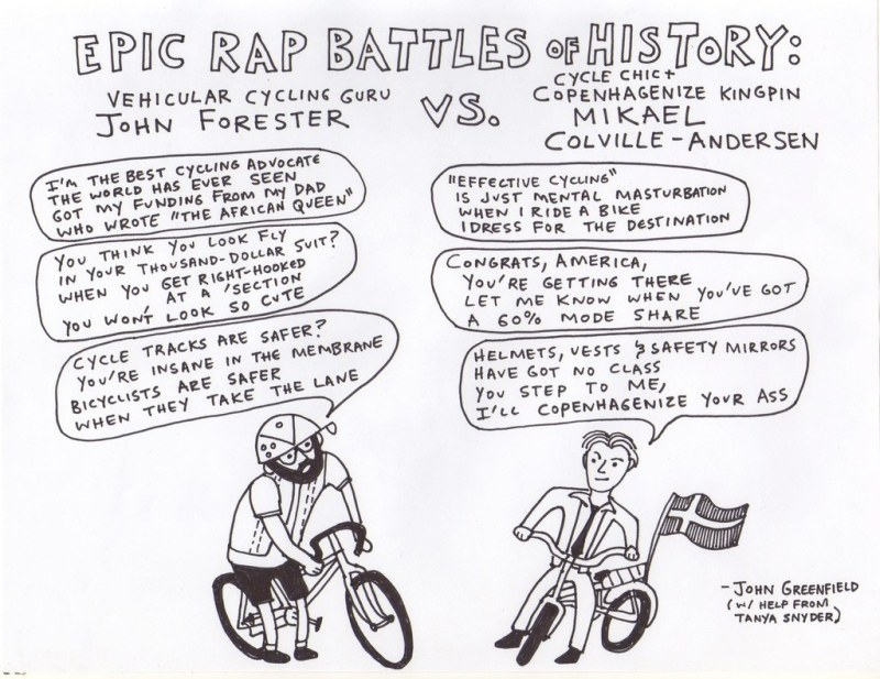 An oldie but a goodie: Bike lane hater John Forester takes on cycle track proponent Mikael Colville-Andersen in a rap battle.