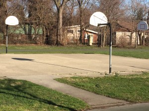 A basketball courts with the hoops removed, possibly to prevent non-socially-distanced activity, Sunday in Avalon Park on the Southeast Side. Photo: James Porter