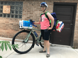 Author Lisa Hilleren, loaded up with supplies for sheltering in place. Photo: Emily Hilleren