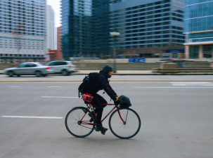 A delivery biker named Jennifer on Wacker Drive.  Photo: Nick Spiese