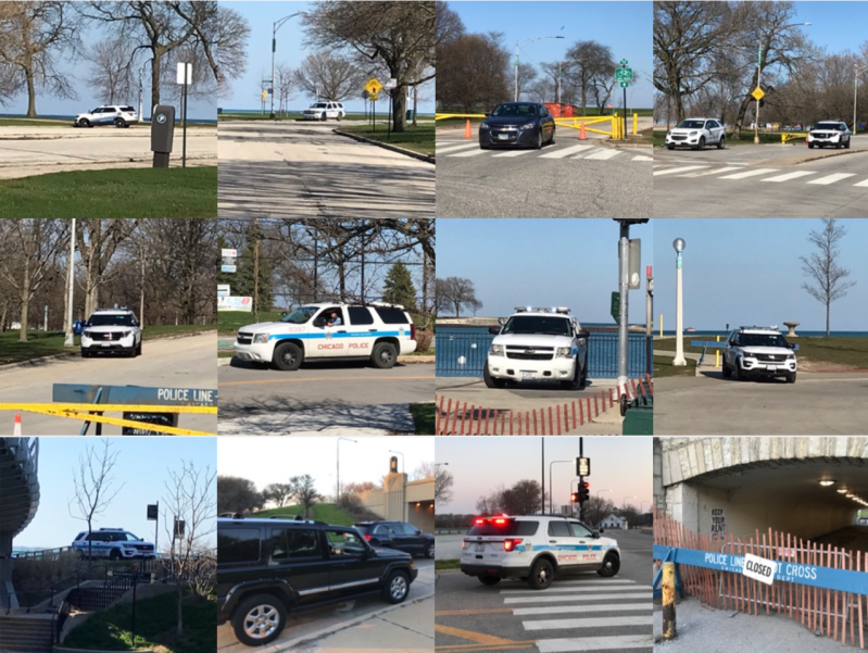 All the squad cars and security guard vehicles I saw on Saturday when I visited just about every major street entrance to the Lakefront Trail. Image: John Greenfield