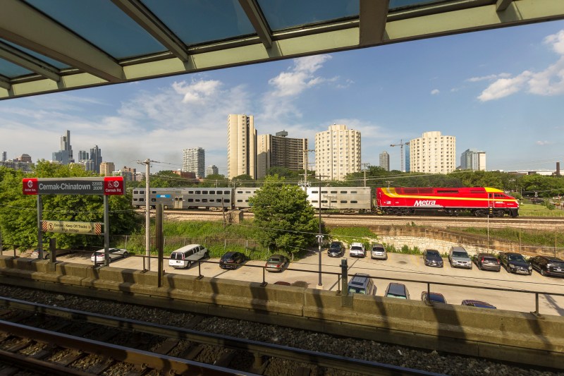 A Metra train viewed from the Cermak-Chinatown Red Line platform. Photo: Jonathan Lee