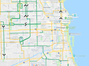 Detail from our map of potential Chicago Slow Streets (green) and connecting routes (yellow). Map: John Greenfield via Google Maps