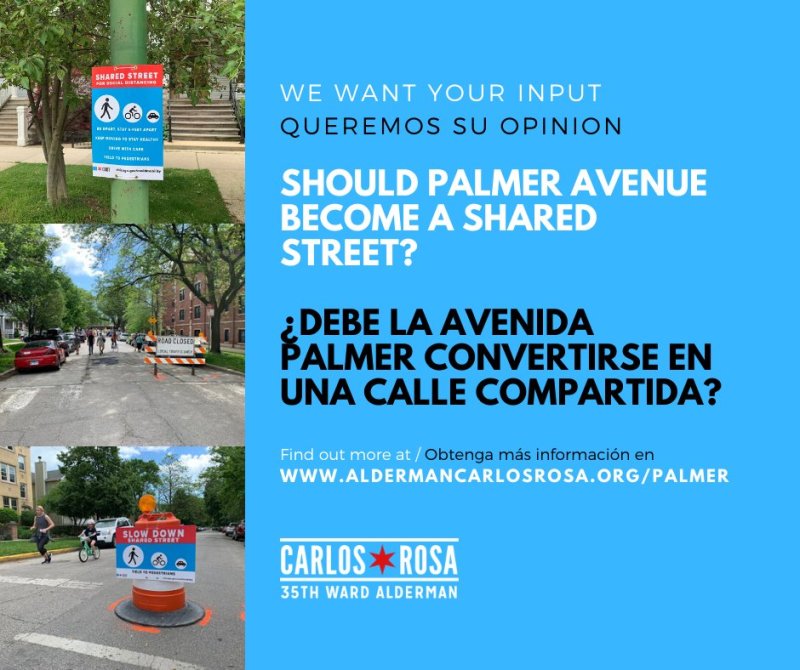 Bilingual flier seeking feedback on the Palmer Slow Street proposal.