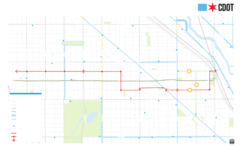 The "Alt-Bloomingdale." Yellow circles are traffic count locations. Image: CDOT