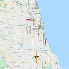 Announced 2020 planned new Chicago bikeway, including non-protected bike lanes (orange), protected lanes (green), and Slow Streets (purple). Map: John Greenfield via Google Maps