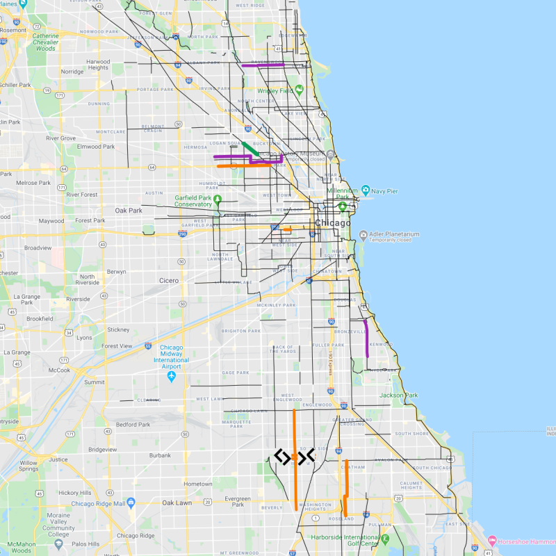 Announced 2020 planned new Chicago bikeway, including non-protected bike lanes (orange), protected lanes (green), and Slow Streets (purple). Map: John Greenfield via Google Maps