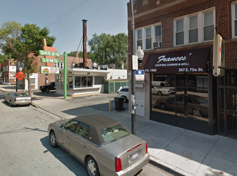 Historic Black-owned businesses Frances' Cocktail Lounge and Lem's Bar-B-Q on Chathams's 75th Street restaurant strip. Image: Google Maps