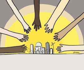 an illustration of hands grabbing a city