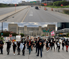 Ida B. Wells Drive  / Congress Parkway as it typically appears, and being repurposed for human-scale use (below). Images: Google Maps, Maudlyne Ihejirika/Chicago Sun-Times