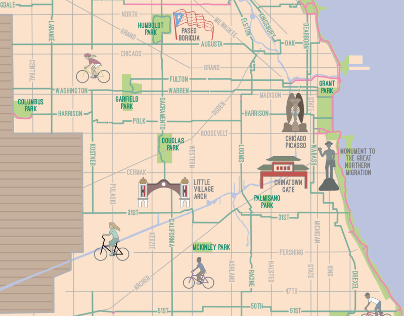 Closeup of the print version of the Simplified, Citywide Mellow Chicago Bike Map. Image: John Greenfield and Joe Mills