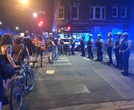 Bike marshals at Saturday's protest near Lori Lightfoot's home in Logan Square. Photo: Ariel Parrella Aureli