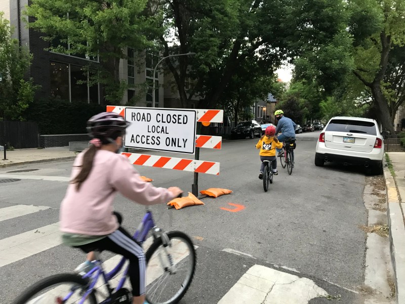 A family uses the Slow Street on Wabansia. Photo: Courtney Cobbs