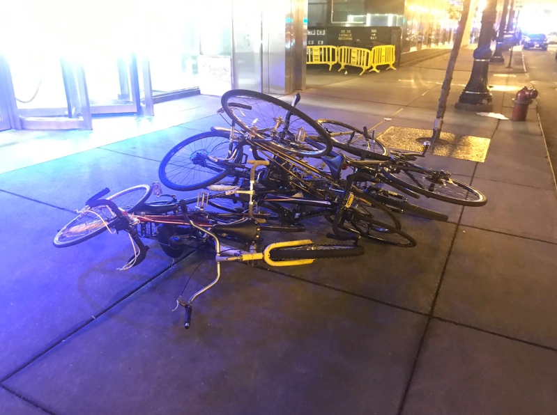 A pile of bikes sit near an office building on LaSalle Street after Saturday's protest. Photo: Justin Laurence