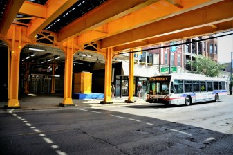 Mathew Wilson's "Ordinary Relic" installation, including yellow-painted 'L' tracks and pillars. Photo: CTA