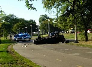 The car from this morning's rollover crash at Belmont and LSD. Photo: Beth Medley