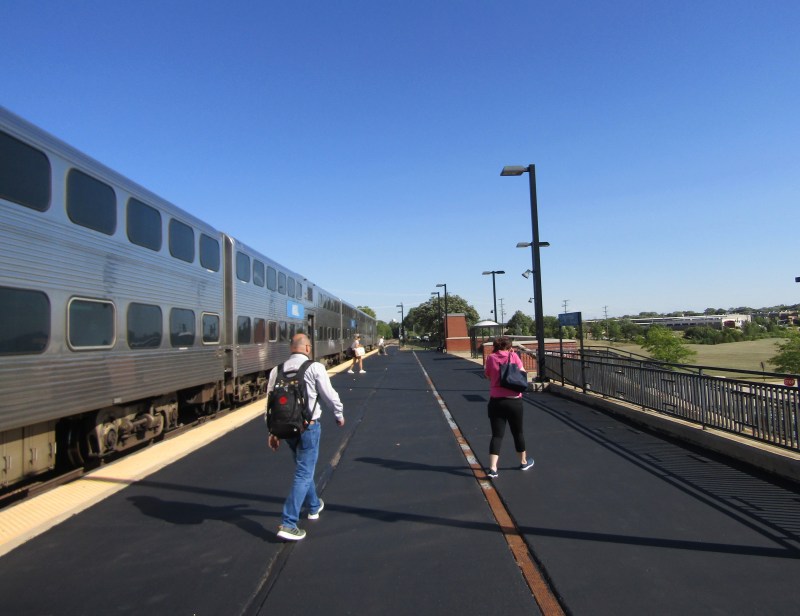 Union Pacific Northwest Metra line riders disembark at the currently car-centric Pingree Road station. Photo: Igor Studenkov