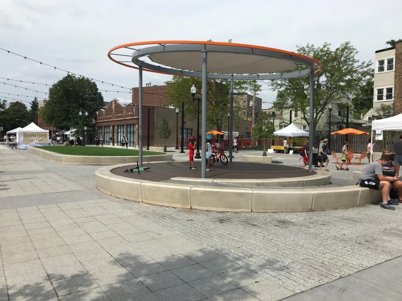 Northcenter Town Square during a recent farmers market, looking west on Belle Plaine. Photo: John Greenfield