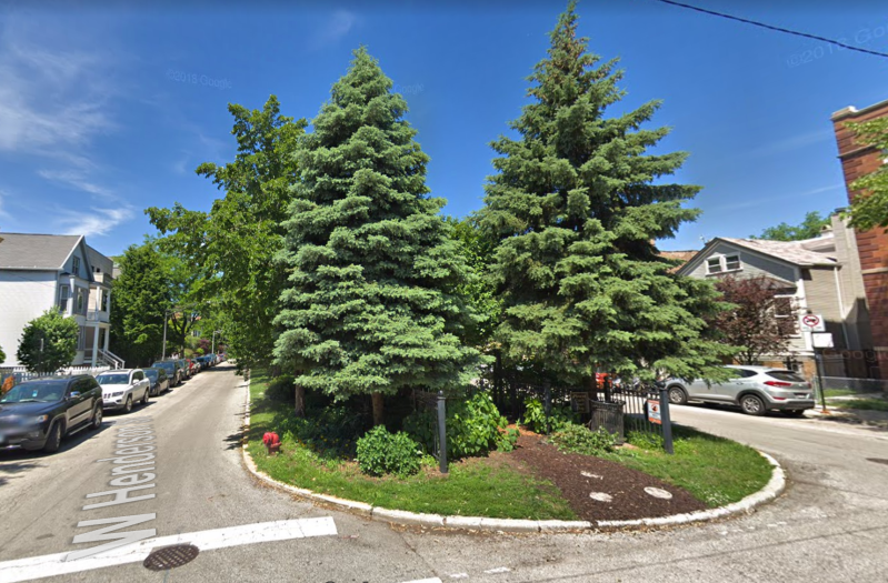 The 1700 block of West Henderson Street with its unusual planted median, called Gross Park. Image: Google Maps