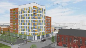 Rendering of an affordable TOD by 43rd Street Green Line stop.