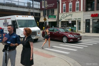 Former CDOT chief Gabe Klein and Lincoln Park alderman Michele Smith at a press conference on "Stop for Pedestrians" signs in 2011.