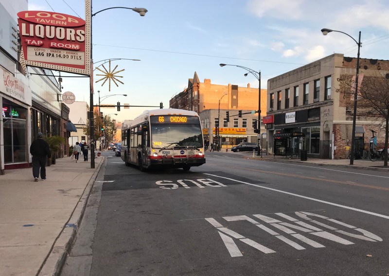A #66 Chicago Avenue bus uses the new bus lane near Ashland Avenue. Photo: John Greenfield