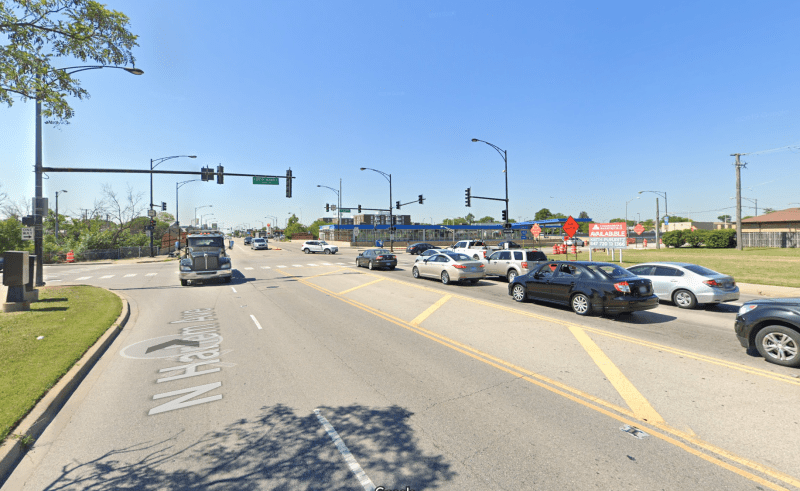 The 5600 bock of North Harlem, looking south at the Blue Line station and the Kennedy. Image: Google Maps